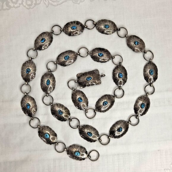 VINTAGE ~ AUTHENTIC CONCHO BELT ~ TURQUOISE TEPEES & SUNBURSTS ~ SIGNED/STERLING - Picture 2 of 12